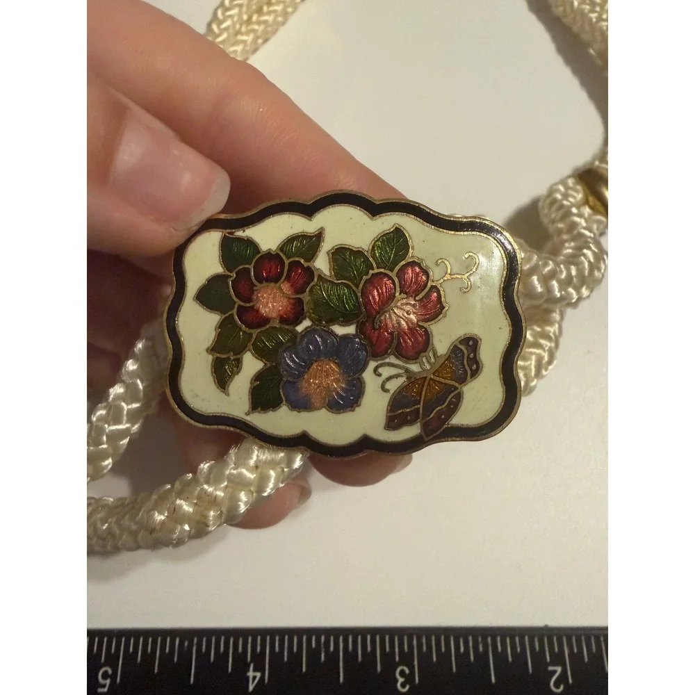 Vintage Cloisonne Enamel Floral Butterfly Braided Cord Belt Cream Gold Tone 40in